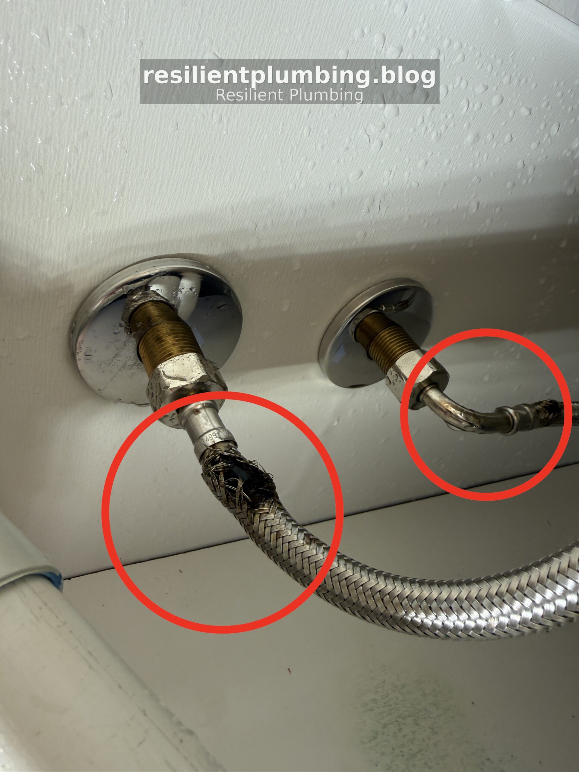 Damaged flexible hose with corroded braiding and swollen end fitting