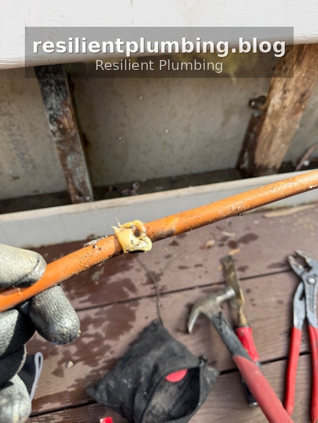 Close-up of pinhole leak on copper pipe with corrosion build-up — Resilient Plumbing Melbourne