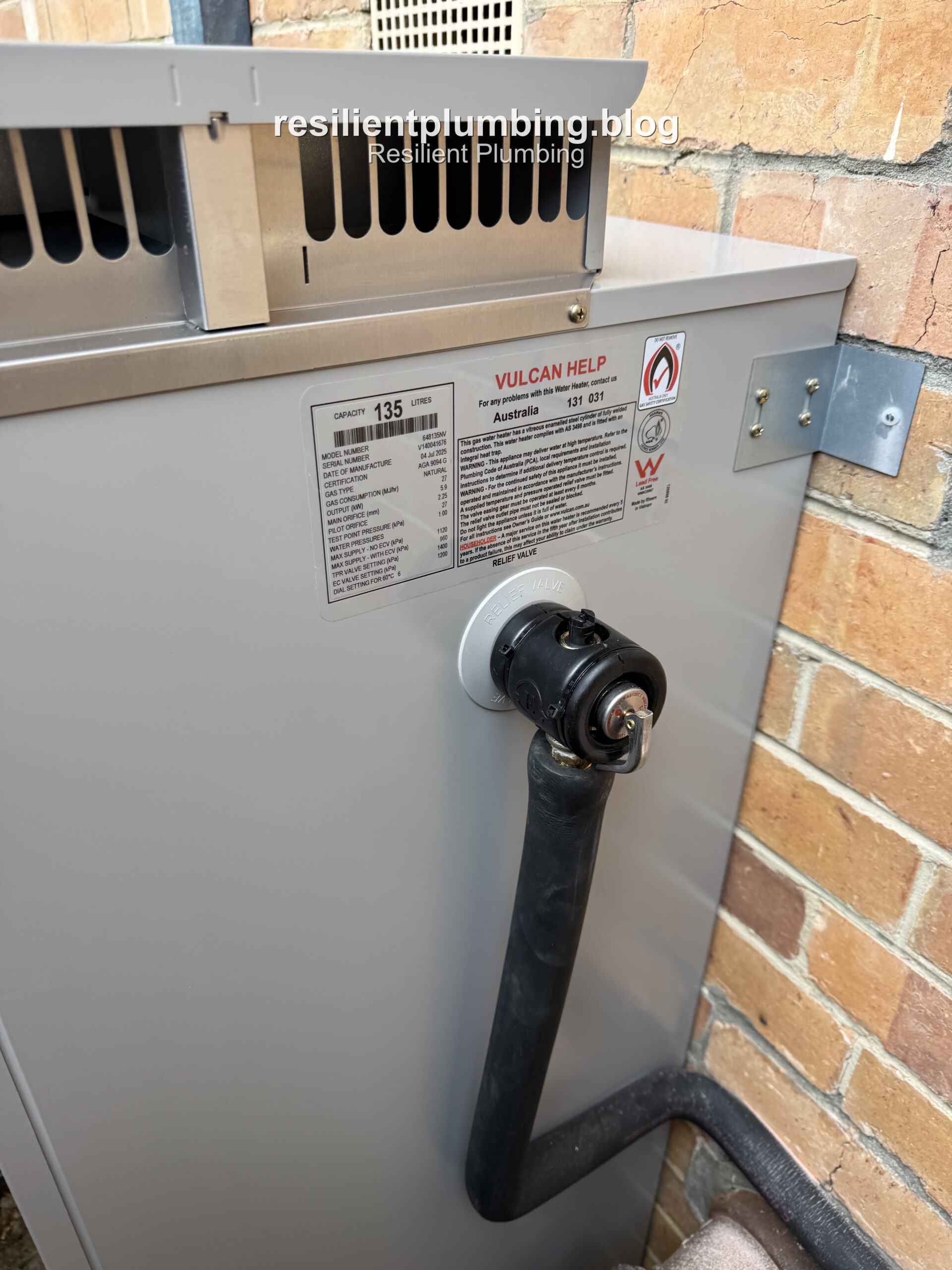 Data plate on a new 135 litre gas hot water unit